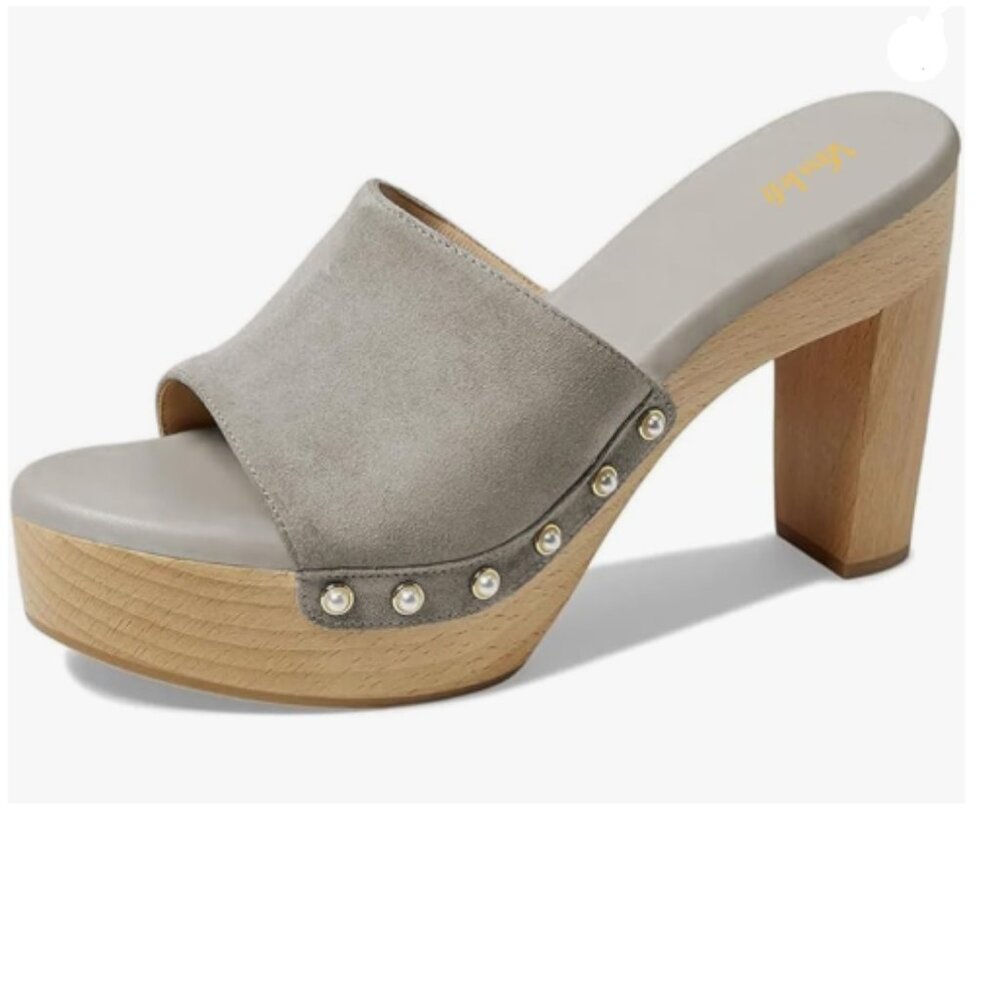 miss left Grey Platform Chunky High Heel Mules Open Toe Studded Slide Sandal